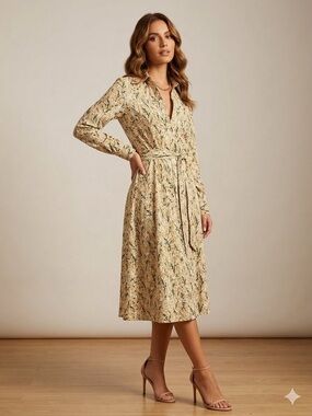 Diane Von Furstenberg Beige Floral Long-Sleeve Tie-Waist Shirt Dress